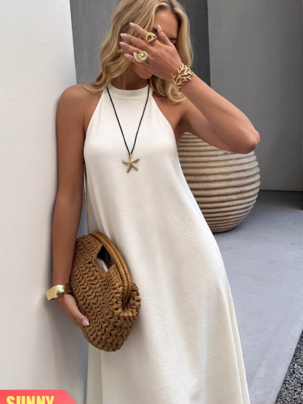 Women's Cream A-Line Maxi Dress High Neck Sleeveless Boho Beach Vacation Evening - Picture 3 of 5